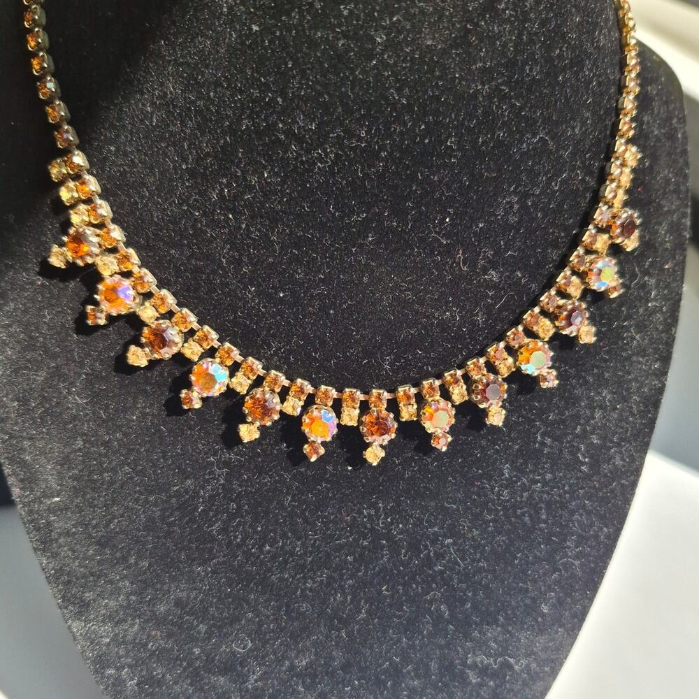 Signed WEISS Amber Aurora Borealis Choker Vintage MCM Topaz Rhinestone Necklace